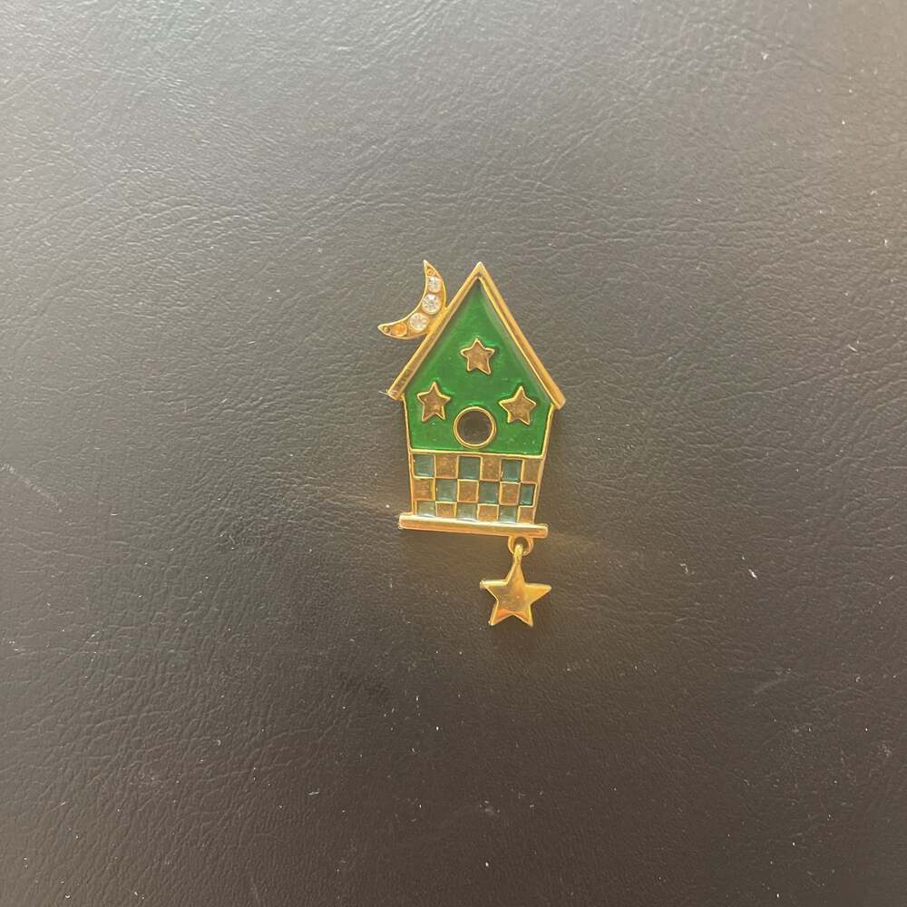 Vintage JJ Jonette Goldtone Birdhouse with Bird Brooch Pin